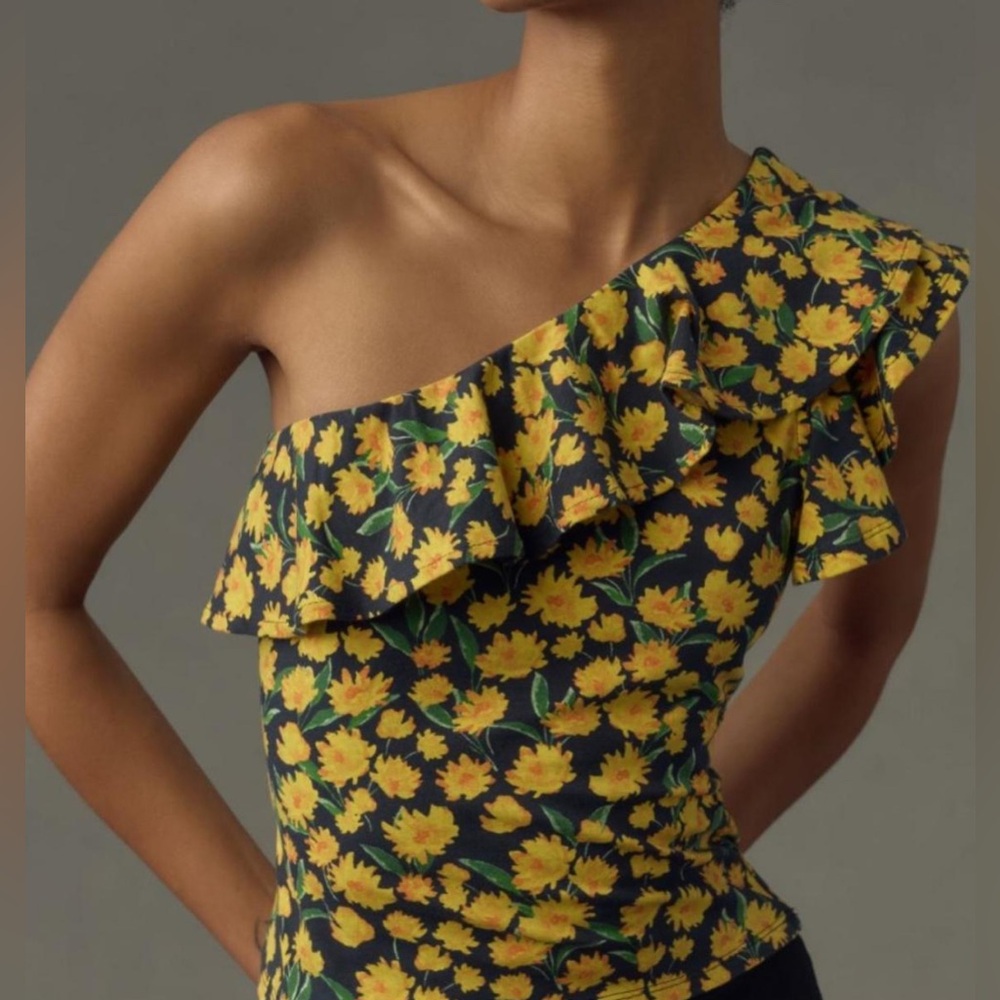 NWT Anthropologie Maeve Yellow Sunflower Floral One Shoulder Top